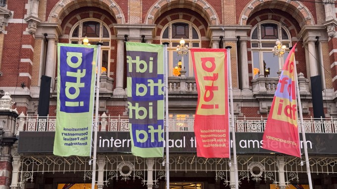 Photo of IDFA banners in front of a museum